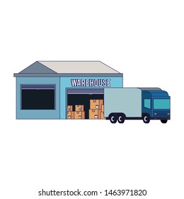 Warehouse storage with boxes merchandise and cargo truck vector illustration