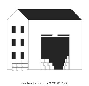 Warehouse storage building cardboard boxes 2D line object. Industrial inventory, logistics facility. Supply chain delivery hub isolated clipart vector ink outline item. Monochrome spot illustration