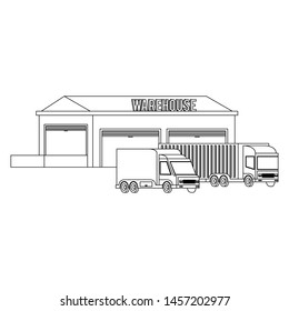 Warehouse storage building with cargo trucks vector illustration