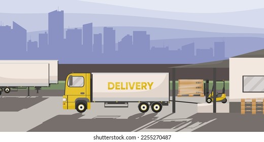 Warehouse storage cargo in process. Forklift load goods in cardboard boxes at pallet to logistics lorry truck into delivery. Outdoor storehouse building in cityscape on background. Vector illustration
