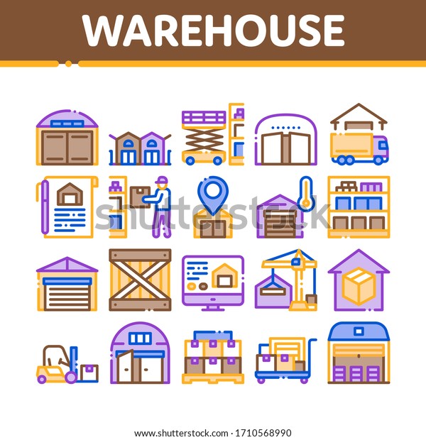 Warehouse And\
Storage Collection Icons Set Vector. Warehouse Building And\
Construction, Wooden Box And Loader Car, Crane And Truck Concept\
Linear Pictograms. Color\
Illustrations