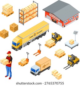 Warehouse Storage and Delivery Isometric Icons Set Warehouse, storage, logistics and delivery isometric icons set with storehouse, scales, truck, forklift, courier. Isolated vector illustration