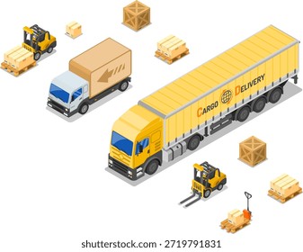 Almacén de almacenamiento y entrega isométrica Almacén, almacenamiento, logística y entrega isométrica concepto con almacén, camión, iconos de carretilla elevadora. Ilustración vectorial aislada