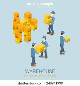 Warehouse storage delivery service flat 3d web isometric infographic concept vector. Courier loader mover working with goods boxes. Process prepare for delivery. Creative people collection.