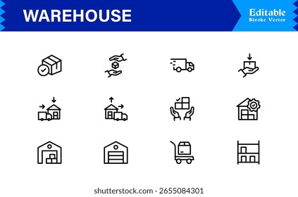 Warehouse and Storage Facility Icons – Modern Professional Line Icon Set Featuring Minimal Vector Design for Logistics and Inventory Management