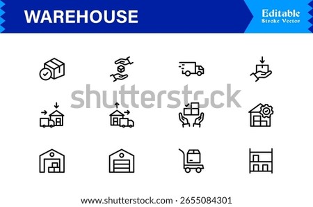 Warehouse and Storage Facility Icons – Modern Professional Line Icon Set Featuring Minimal Vector Design for Logistics and Inventory Management