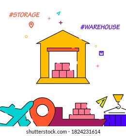 Warehouse storage filled line vector icon, simple illustration, cargo and shipping related bottom border.