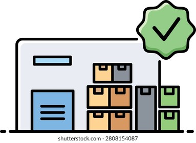 Warehouse storage with green checkmark approval boxes crates
