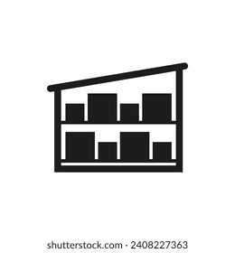 Warehouse and storage icon with cargo on a rack inside. Vector illustration and symbol.