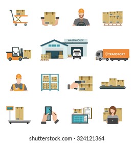 Warehouse and storage icons set with package and transport symbols flat isolated vector illustration 