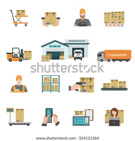 Warehouse and storage icons set with package and transport symbols flat isolated vector illustration 