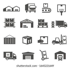 Warehouse And Storage Industry Icon Business Set. Factory Storehouse, Delivery And Package, Truck Loading. Vector Illustration