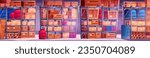 Warehouse storage interior with pallet and box. Full rack in store delivery stockroom. Distribution hangar building with crowded shelf of inventory in wood crate and cardboard package game panorama
