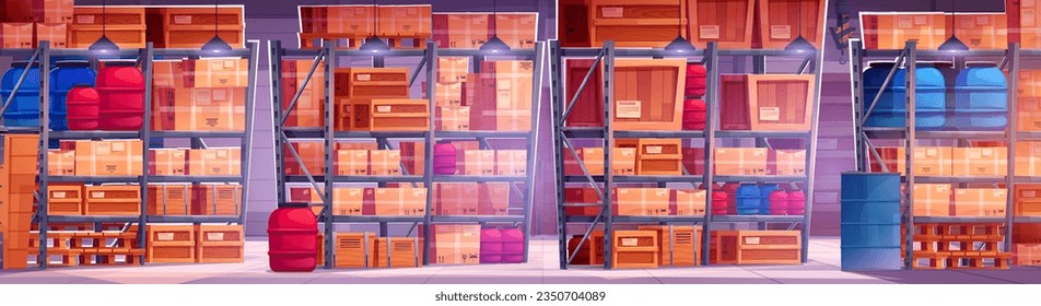 Warehouse storage interior with pallet and box. Full rack in store delivery stockroom. Distribution hangar building with crowded shelf of inventory in wood crate and cardboard package game panorama