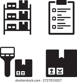 Warehouse storage, inventory checklist and barcode scanning icons set