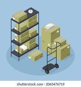 Warehouse storage isometric vector illustration. Shipment of goods carrying on dolly. Shelves full of parcel, cardboard, box. Commercial cargo logistic distribution. Storehouse merchandise package
