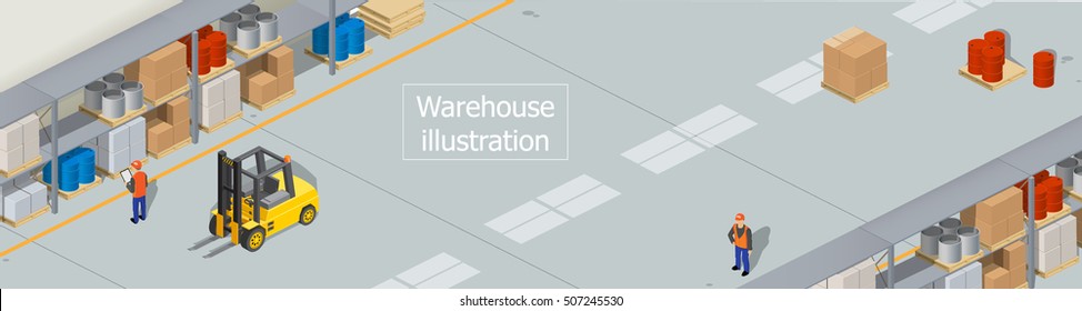 Warehouse storage isometrics, forklift, cardboard boxes, workers shelving view from the top. Logistics and storage of cargo.