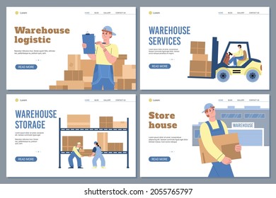 Warehouse storage and logistic website banner templates bundle, flat vector illustration. Goods storage and transportation, worldwide delivery webpages.