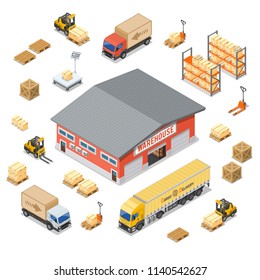 Warehouse, Storage, Logistics And Delivery Isometric Icons Set With Storehouse, Scales, Truck, Forklift. Isolated Vector Illustration