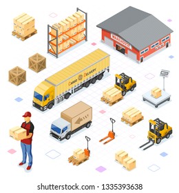Warehouse, storage, logistics and delivery isometric icons set with storehouse, scales, truck, forklift, courier. Isolated vector illustration