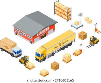 Warehouse, storage, logistics and delivery isometric infographics with storehouse, scales, truck, forklift. Vector illustration