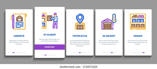 Warehouse And Storage Onboarding Mobile App Page Screen Vector. Warehouse Building And Construction, Wooden Box And Loader Car, Crane And Truck Color Contour Illustrations