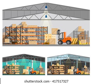 Warehouse and storage orthogonal compositions set with roof and lamps flat isolated vector illustration 