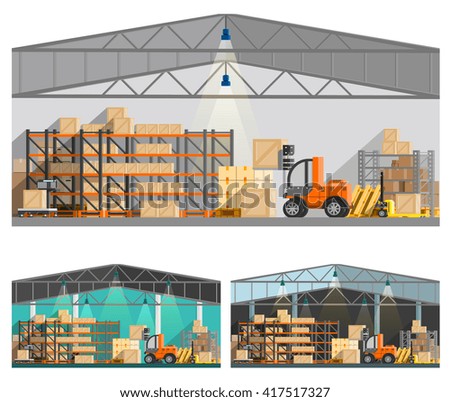Warehouse and storage orthogonal compositions set with roof and lamps flat isolated vector illustration 