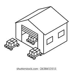 Warehouse storage with pallets and boxes – Isometric vector icon. Editable stroke.