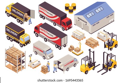 Warehouse storage picking loading delivery logistic services building transportation machinery forklifts trucks vans isometric set vector illustration 