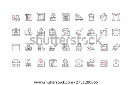 Warehouse storage, product box, supplier and delivery company line icon set. Conveyor and hand truck, forklift for shipping and receiving package thin black and red outline symbols vector illustration