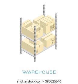 Warehouse storage rack with goods in a boxes, isometric view. It can be used for a poster with the designation of the warehouse.