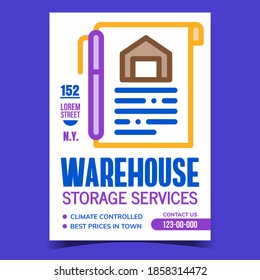 Warehouse Storage Services Promotion Poster Vector. Agreement And Pen For Signature For Rent Climate Controlled Warehouse Advertising Banner. Rental Contract Concept Template Style Color Illustration