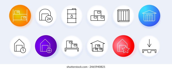 Icono de conjunto de almacenamiento de almacén. Estante, servicio 24 horas, barril de aceite, cajas, palet, almacén, almacenamiento, logística. Concepto de gestión de inventario.