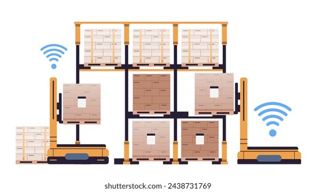 Estante de almacenamiento de almacén y carretillas elevadoras automatizadas sobre fondo aislado. Automatización ilustración vectorial plana