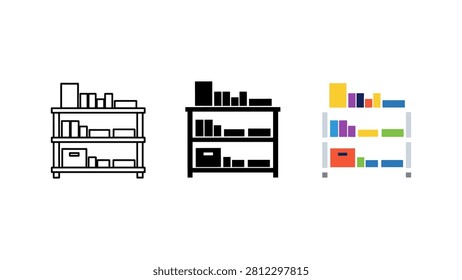 Warehouse storage shelving unit icons with warehouse inventory logistics organization management shipping delivery