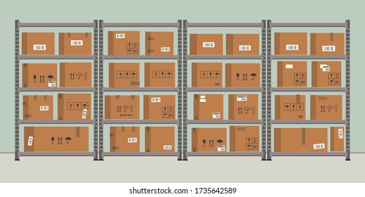 Warehouse. Storage. Shelvings with cardboard boxes. Warehouse racks. Vector flat illustration