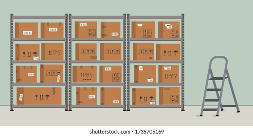 Warehouse. Storage. Shelvings with cardboard boxes. Warehouse racks. There is also step ladder in the picture. Vector flat illustration