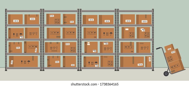 Almacén. Almacenamiento. Estantes con cajas de cartón. Racks de almacén. También hay un carrito de trabajo con cajas en la imagen. Ilustración plana del vector