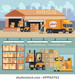 Warehouse storage and shipping logistics vector concept. Storage and transportation cargo, delivery and shipping illustration