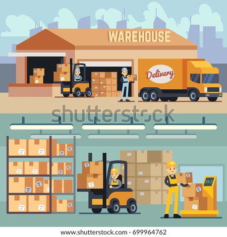 Warehouse storage and shipping logistics vector concept. Storage and transportation cargo, delivery and shipping illustration