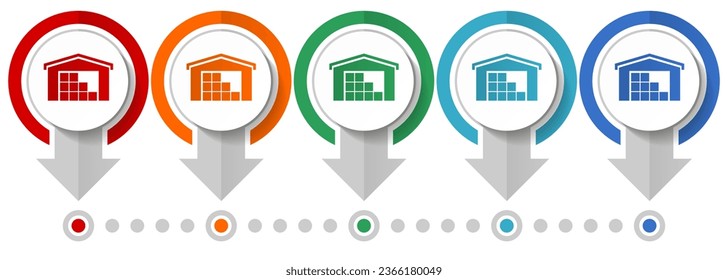 Warehouse, storage vector icon set, flat design infographic template, set pointer concept icons in 5 color options for webdesign and mobile applications