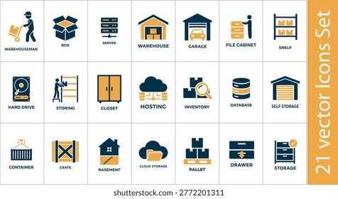 Warehouse and Storage Vector Icons Set with Inventory, Database and Cloud Storage Symbols.