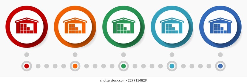 Warehouse, store concept vector icon set, infographic template, flat design colorful web buttons in 5 color options