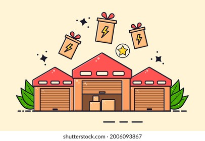 Warehouse to store goods concept. three large rooms with a red roof, in which you can store goods for sale and delivery. Storage of industrial and food products. Cartoon flat vector illustration