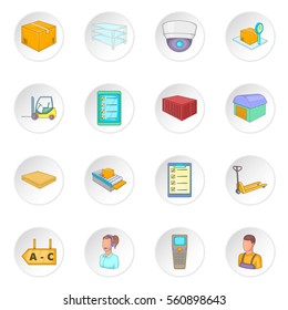 Warehouse store icons set. Cartoon illustration of 16.