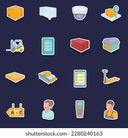 Warehouse store icons set stikers collection vector with shadow on purple background