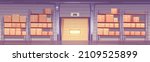 Warehouse store interior, logistics, cargo and goods delivery postal service. Storehouse with rolling shatter gates and racks with parcels boxes on palettes front view, Cartoon vector illustration