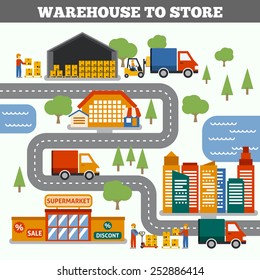 Warehouse to store transportation cargo delivery and logistic concept vector illustration