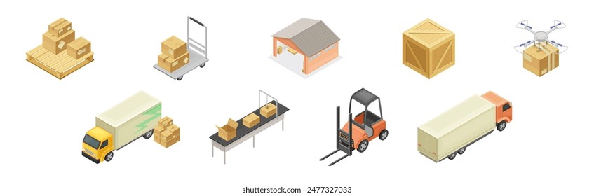 Almacén y Almacén con Caja de Cartón Vector Isométrico